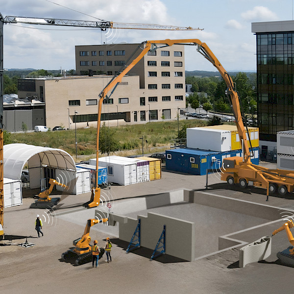 The RWTH Aachen University reference construction site, which serves as an innovative and dynamic living lab within CARE. A construction site with numerous construction machines such as cranes, concrete mixers, and robots, all digitally connected and communicating with each other.